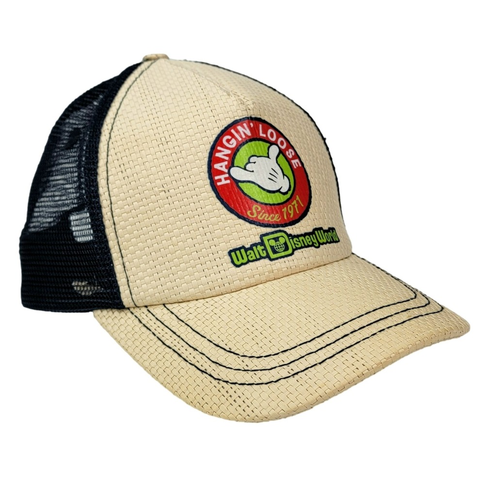 Disney Parks Hangin Loose Shaka Trucker Hat Adult Tan Navy Straw Mesh Snapback
